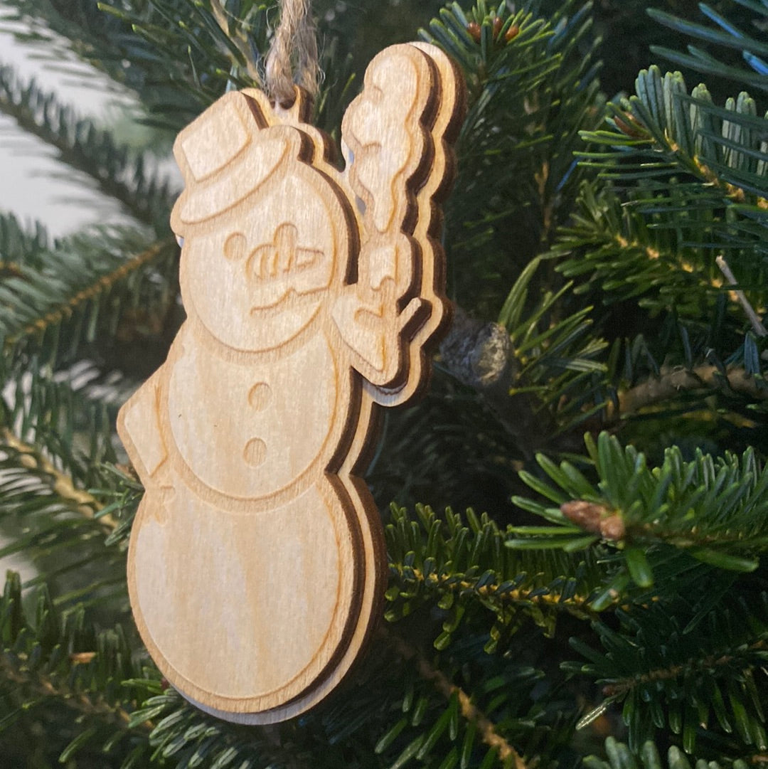 Smokin’ Snowman wood ornament