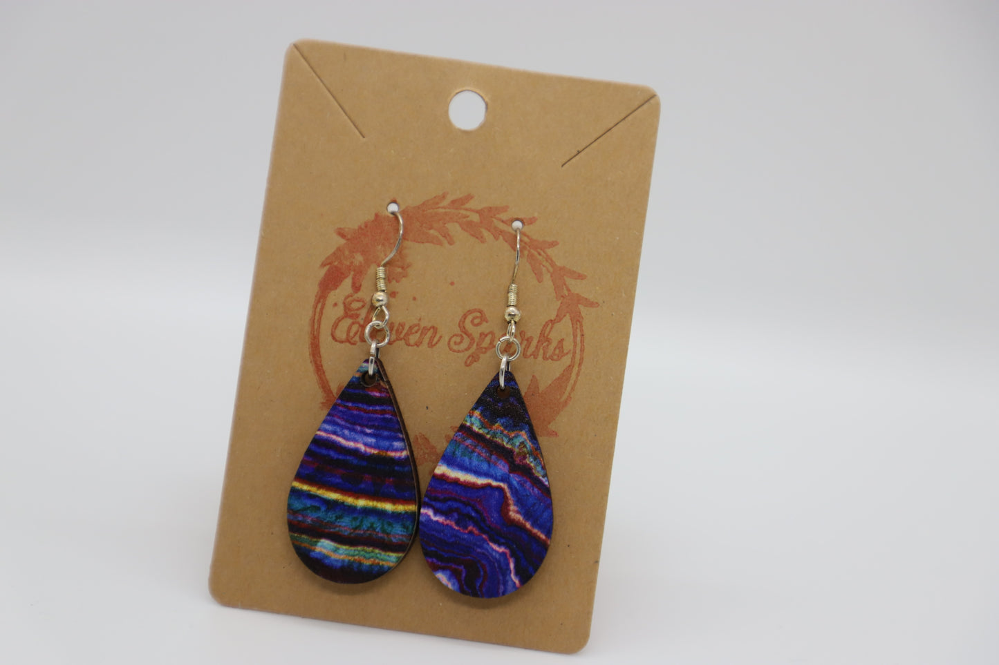 Purple gem teardrop wood earrings