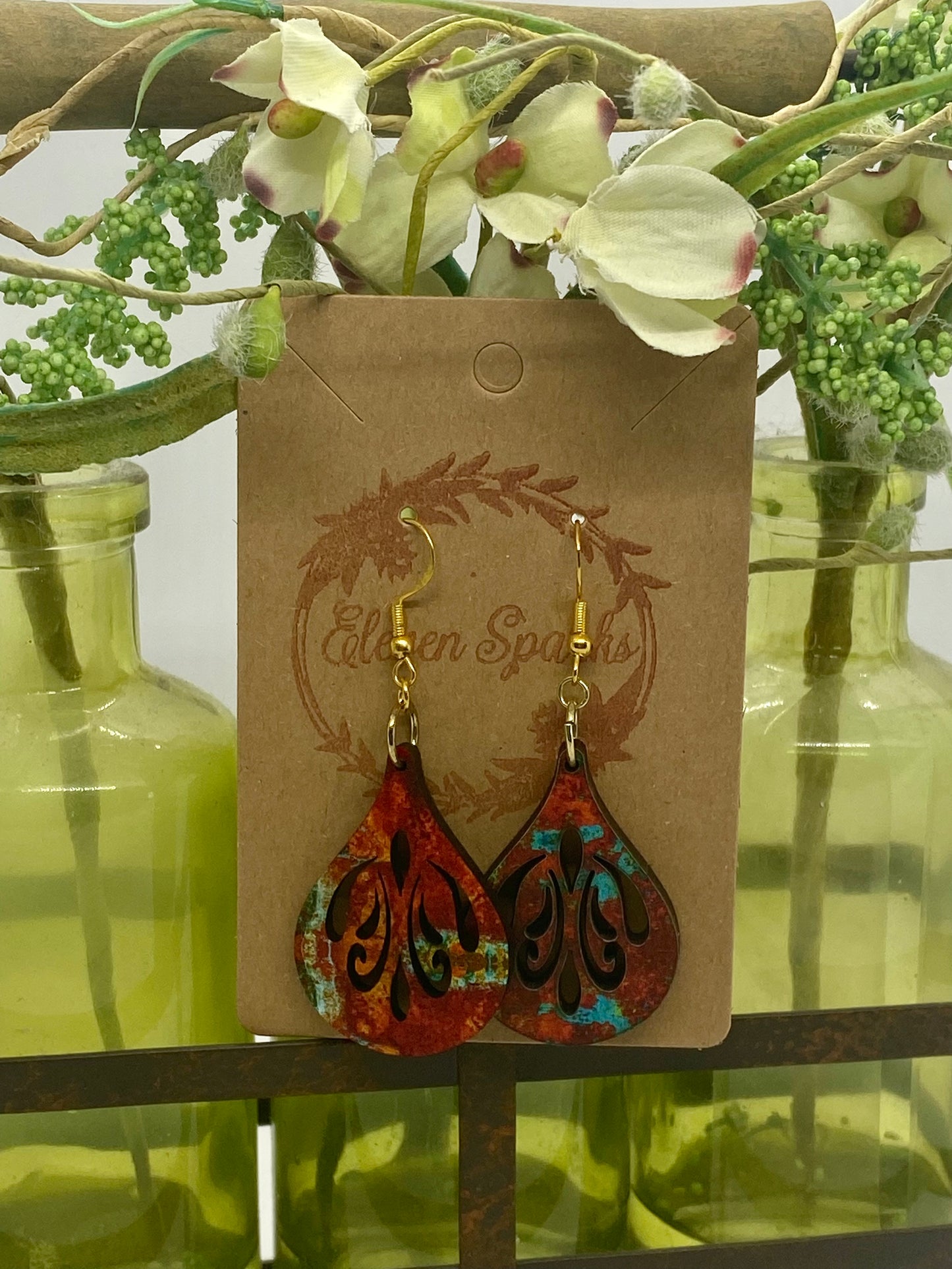 Copper turquoise swirl wood earrings