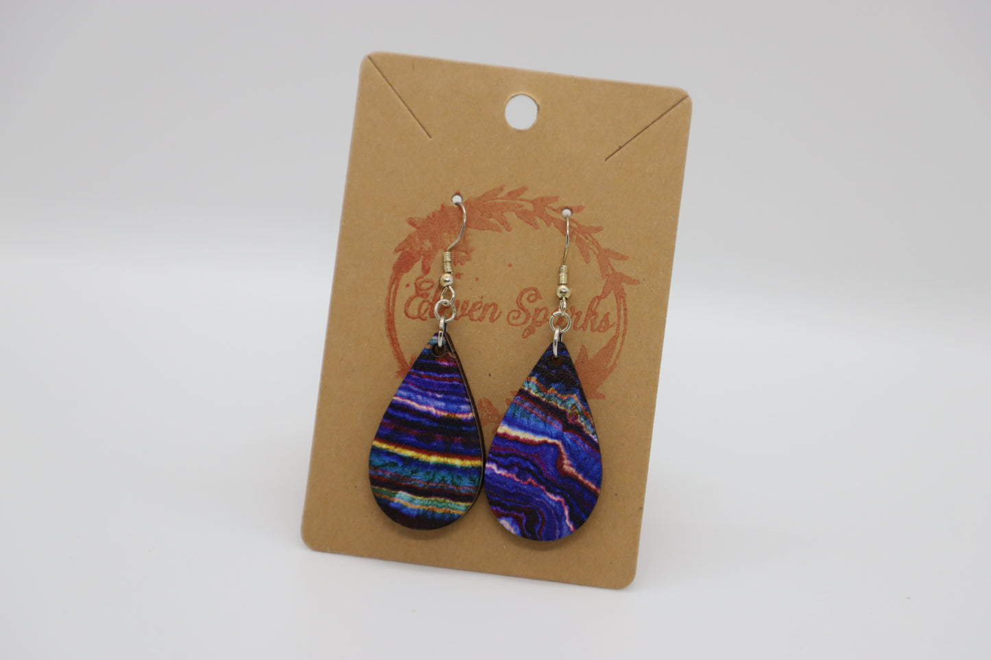 Purple gem teardrop wood earrings