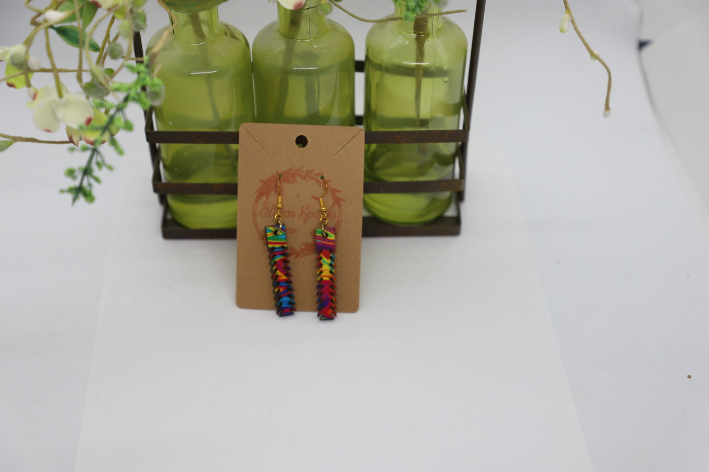 Groovy rainbow long wood earrings