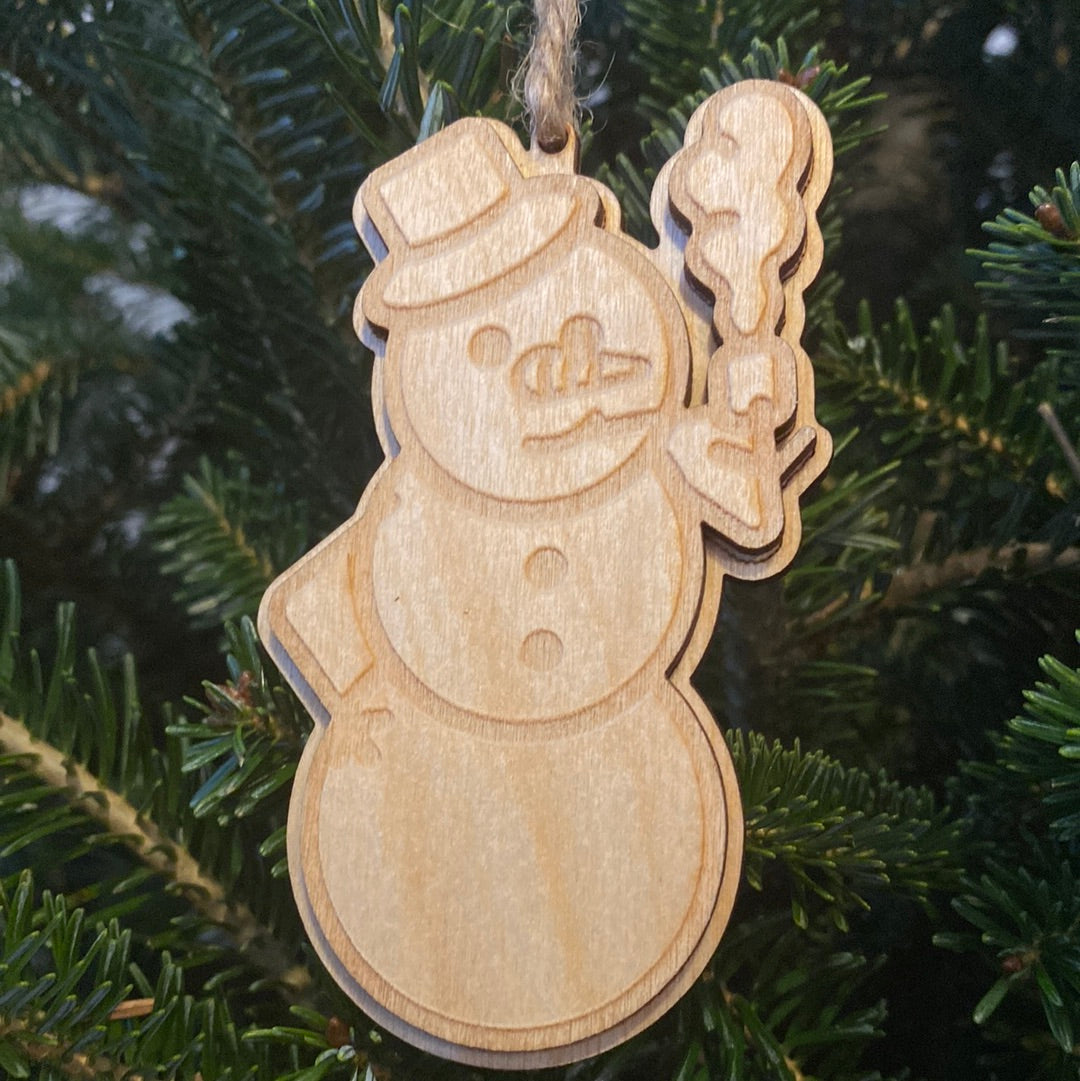 Smokin’ Snowman wood ornament